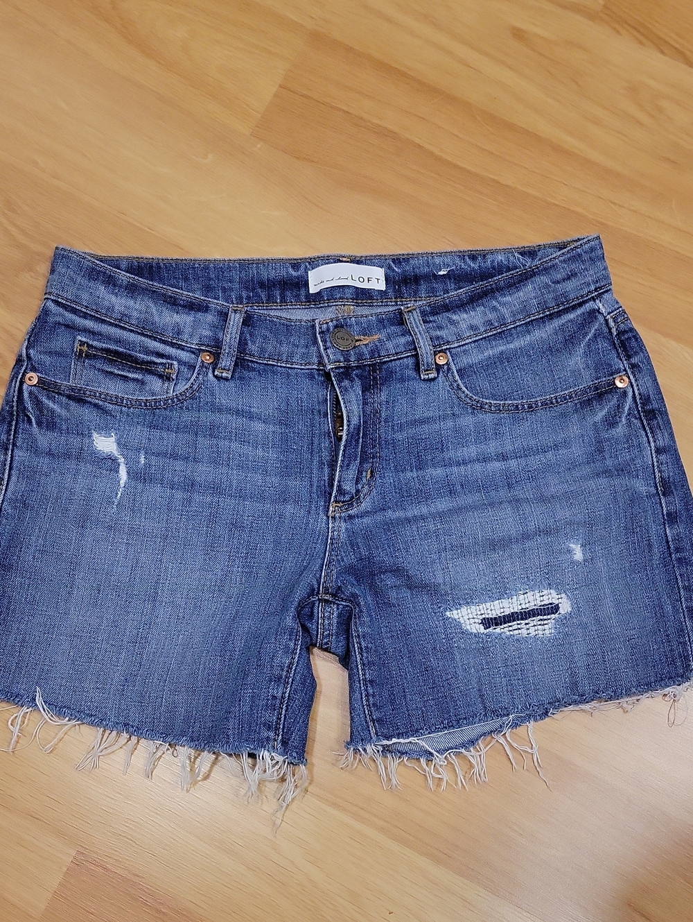LOFT Frayed Hem Distressed Jean Shorts - Blue Denim